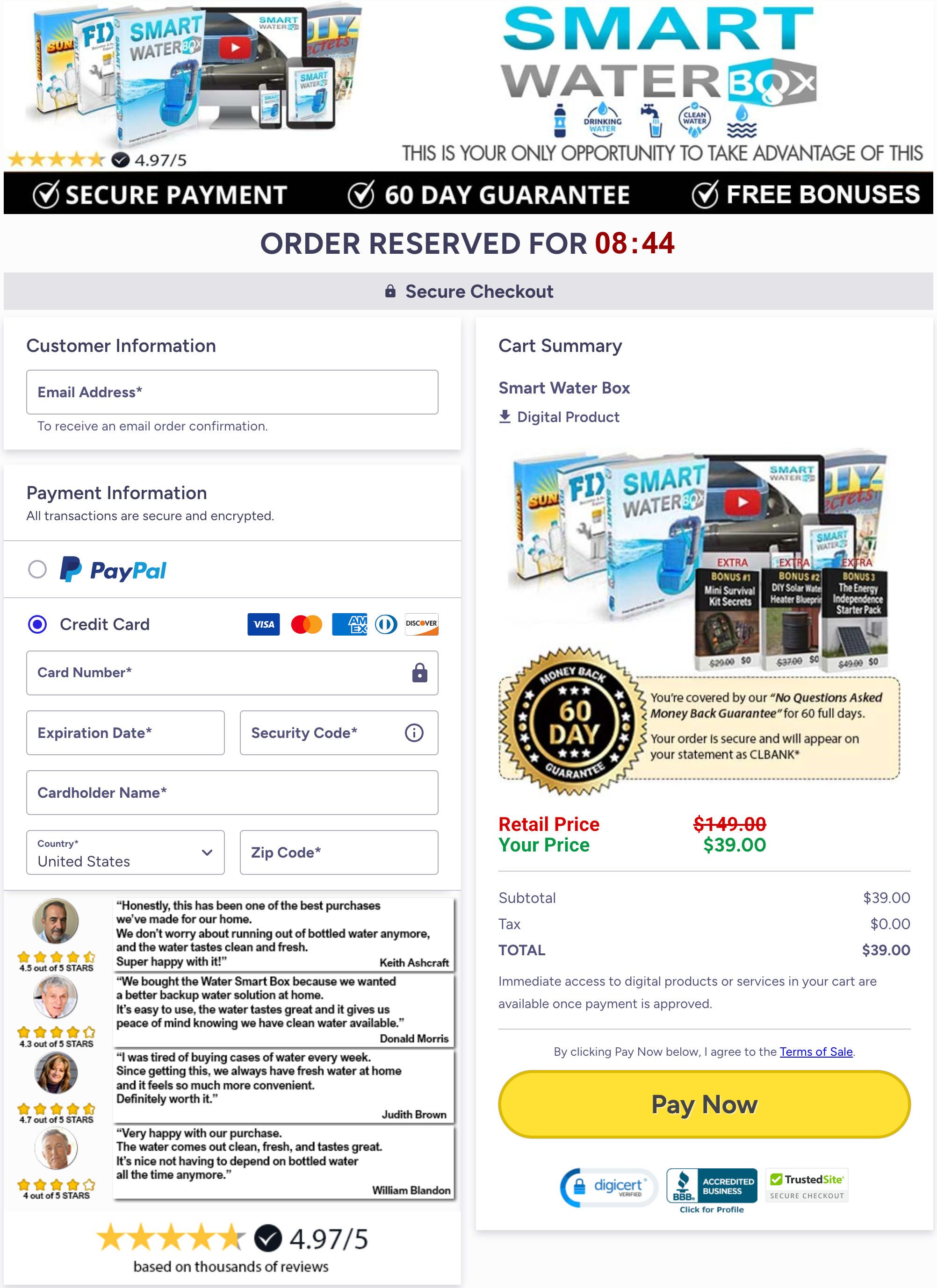 Smart Water Box secure checkout page screenshot
